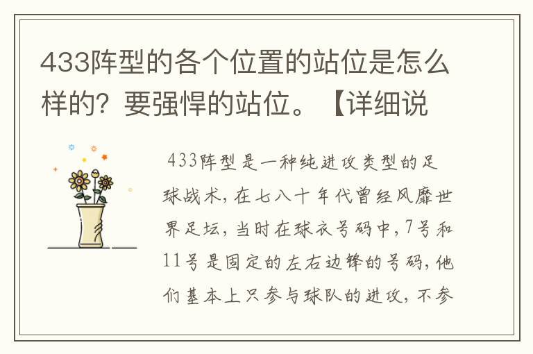 433阵型的各个位置的站位是怎么样的?要强悍的站位。【详细说明】
