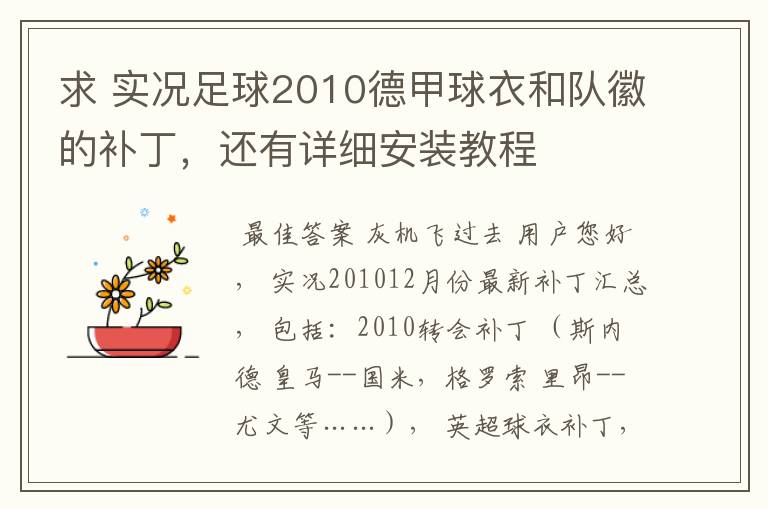 求 实况足球2010德甲球衣和队徽的补丁,还有详细安装教程