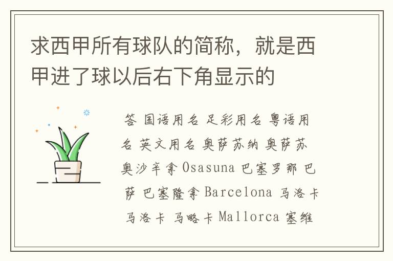 求西甲所有球队的简称,就是西甲进了球以后右下角显示的
