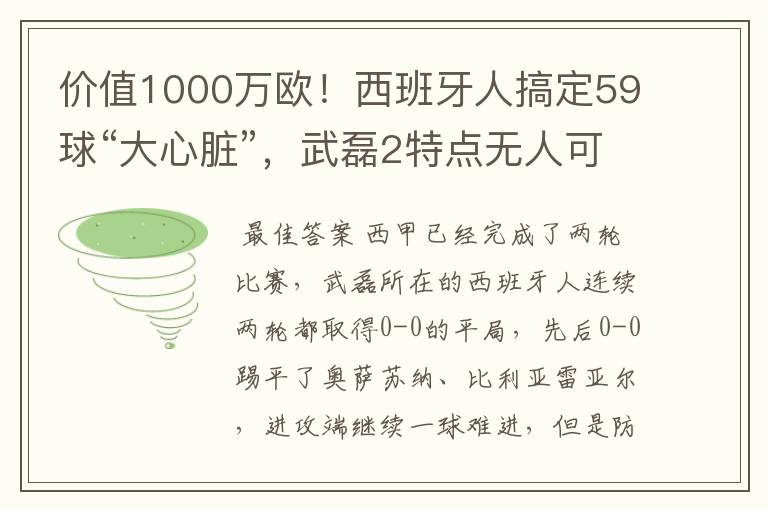 价值1000万欧!西班牙人搞定59球“大心脏”,武磊2特点无人可替