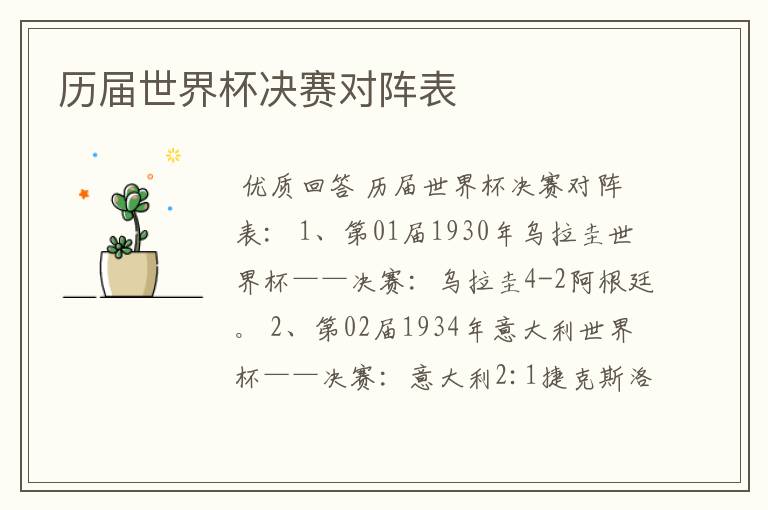 历届世界杯决赛对阵表