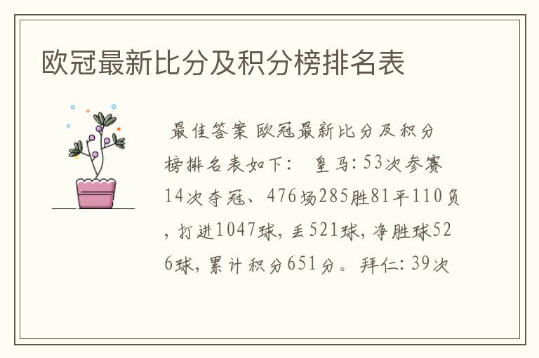 欧冠最新比分及积分榜排名表