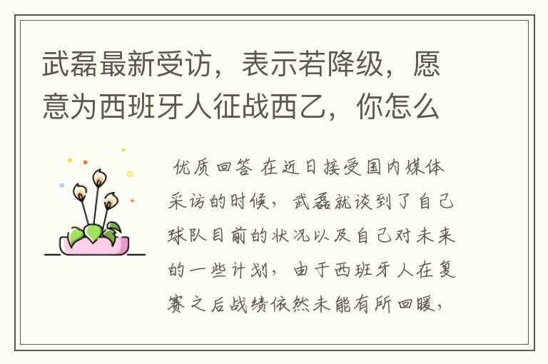 武磊最新受访,表示若降级,愿意为西班牙人征战西乙,你怎么看?