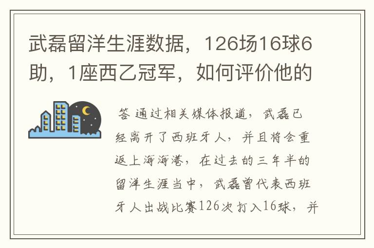 武磊留洋生涯数据,126场16球6助,1座西乙冠军,如何评价他的表现?
