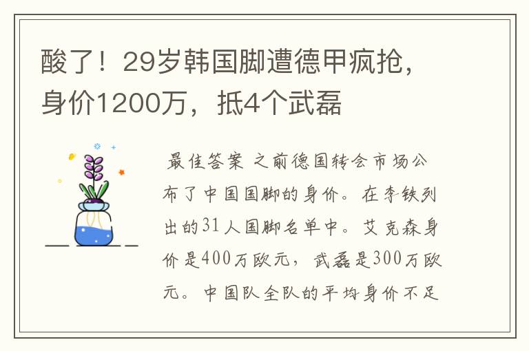 酸了!29岁韩国脚遭德甲疯抢,身价1200万,抵4个武磊