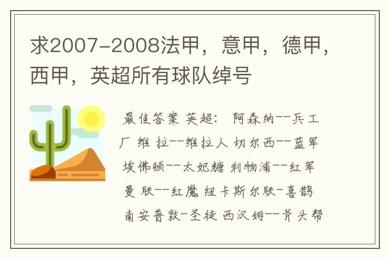 求2007-2008法甲,意甲,德甲,西甲,英超所有球队绰号