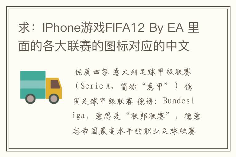 求:IPhone游戏FIFA12 By EA 里面的各大联赛的图标对应的中文名称 例如:Liga BBVA 西甲
