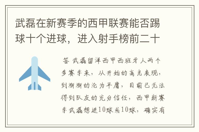武磊在新赛季的西甲联赛能否踢球十个进球,进入射手榜前二十?