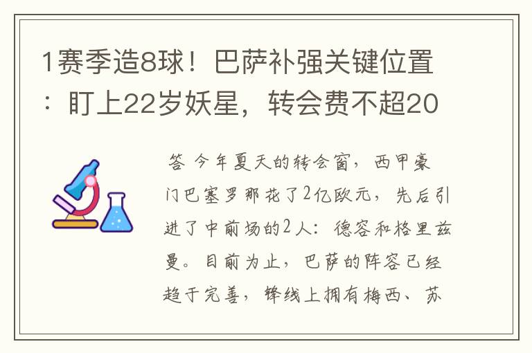 1赛季造8球!巴萨补强关键位置:盯上22岁妖星,转会费不超2000万