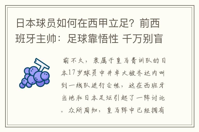 日本球员如何在西甲立足?前西班牙主帅:足球靠悟性 千万别盲从