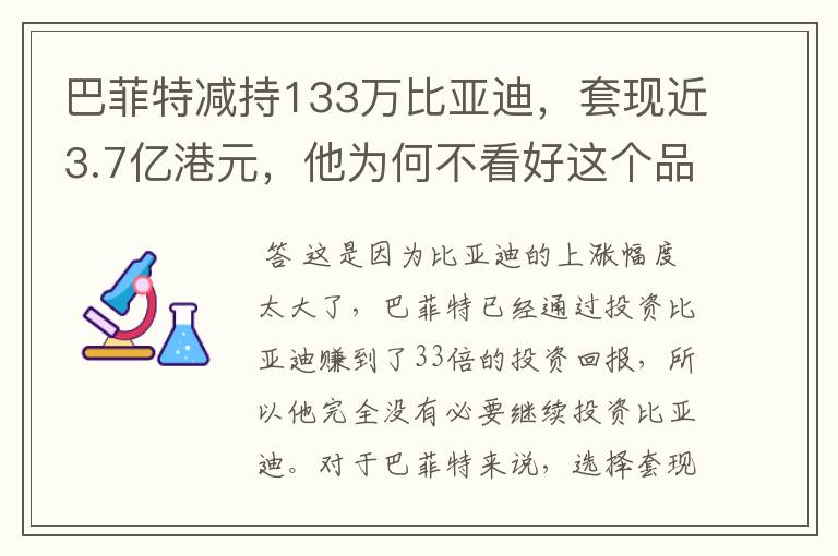 巴菲特减持133万比亚迪,套现近3.7亿港元,他为何不看好这个品牌了?
