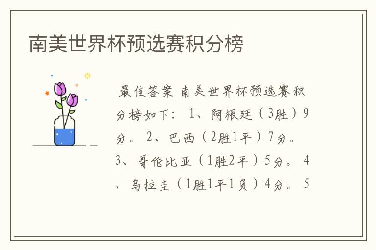 南美世界杯预选赛积分榜