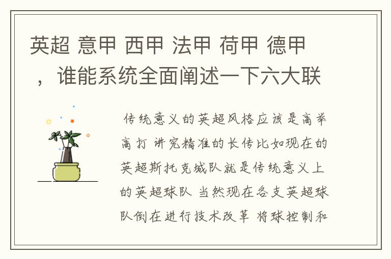 英超 意甲 西甲 法甲 荷甲 德甲 ,谁能系统全面阐述一下六大联赛风格的优缺点 ,