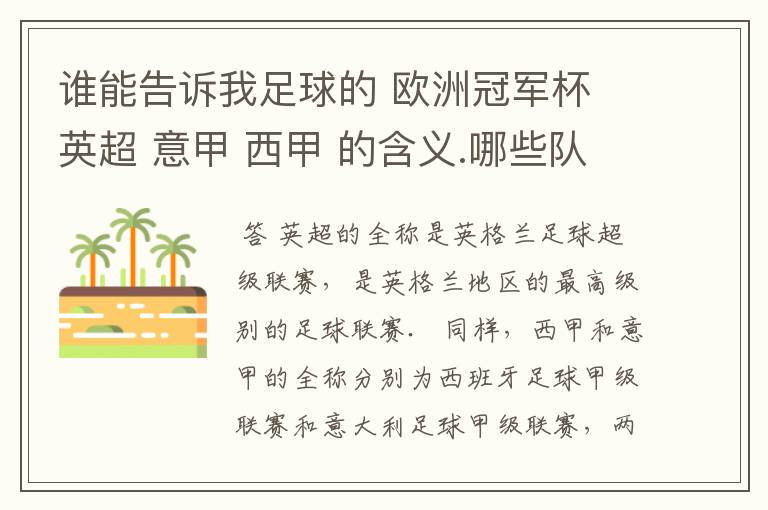 谁能告诉我足球的 欧洲冠军杯 英超 意甲 西甲 的含义.哪些队 怎么进行比赛的.