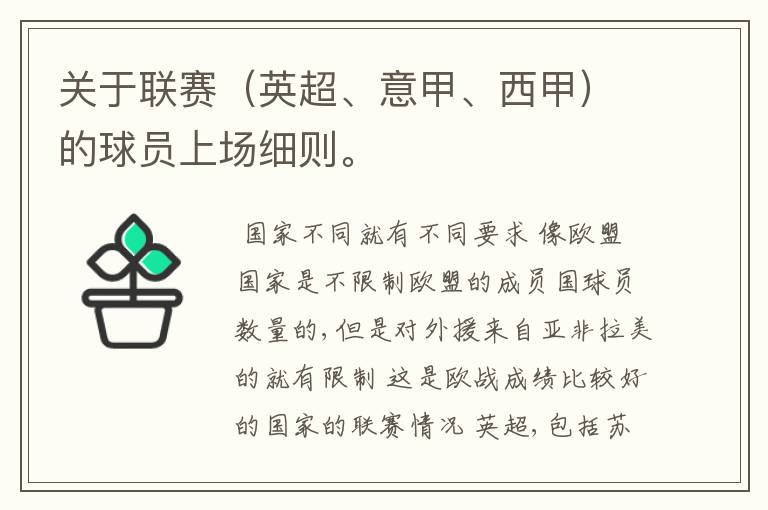 关于联赛(英超、意甲、西甲)的球员上场细则。
