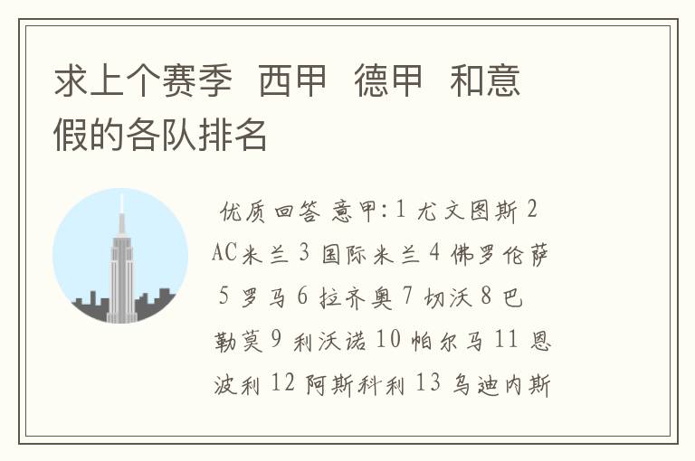 求上个赛季 西甲 德甲 和意假的各队排名