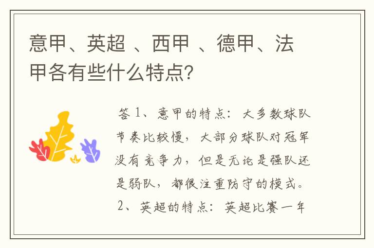 意甲、英超 、西甲 、德甲、法甲各有些什么特点?