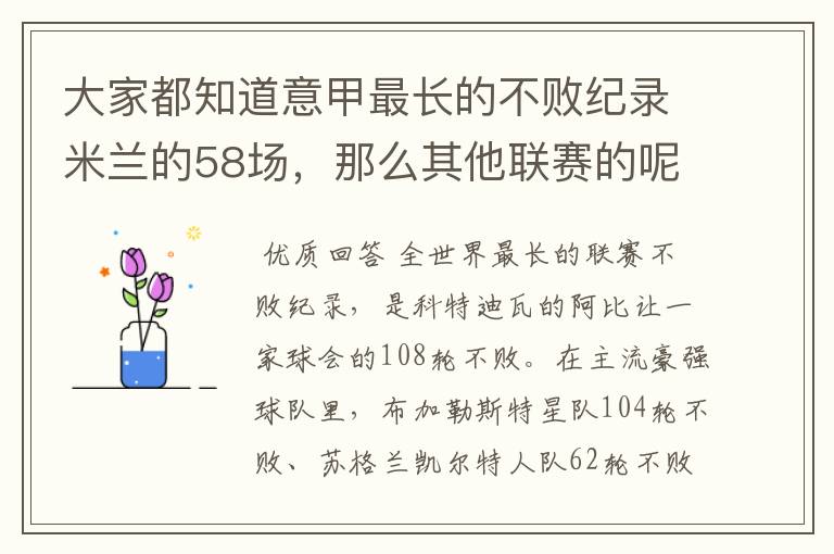 大家都知道意甲最长的不败纪录米兰的58场,那么其他联赛的呢?