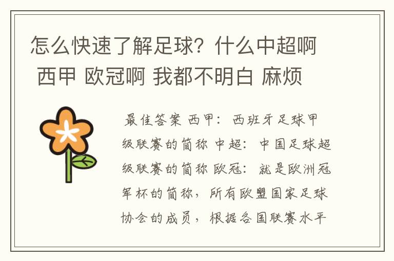怎么快速了解足球?什么中超啊 西甲 欧冠啊 我都不明白 麻烦 有哪位特别了解足球的 跟我讲讲,多谢