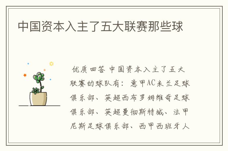 中国资本入主了五大联赛那些球ɘ