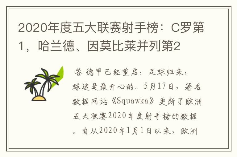 2020年度五大联赛射手榜:C罗第1,哈兰德、因莫比莱并列第2
