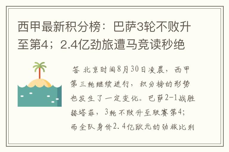 西甲最新积分榜:巴萨3轮不败升至第4;2.4亿劲旅遭马竞读秒绝平