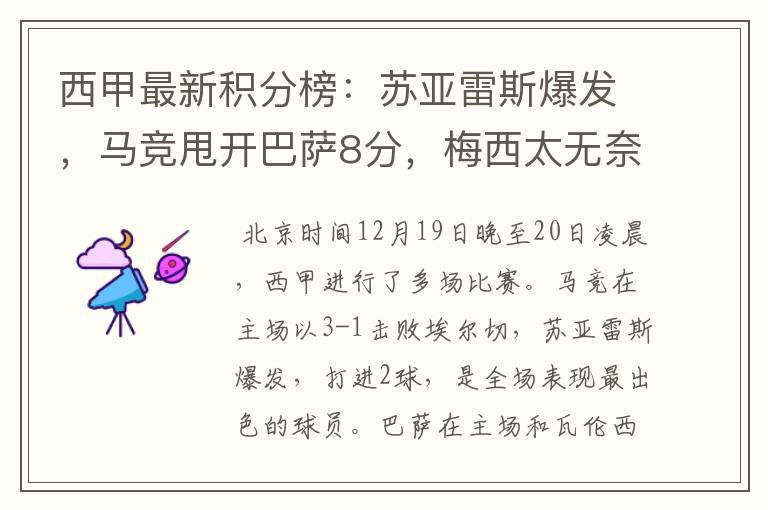 西甲最新积分榜:苏亚雷斯爆发,马竞甩开巴萨8分,梅西太无奈