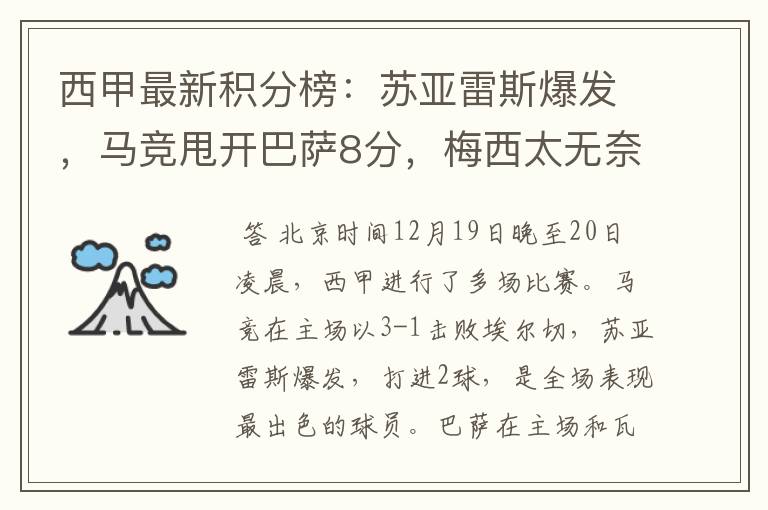西甲最新积分榜:苏亚雷斯爆发,马竞甩开巴萨8分,梅西太无奈