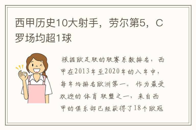 西甲历史10大射手,劳尔第5,C罗场均超1球