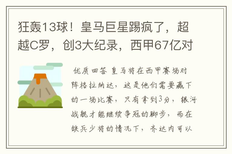 狂轰13球!皇马巨星踢疯了,超越C罗,创3大纪录,西甲67亿对决