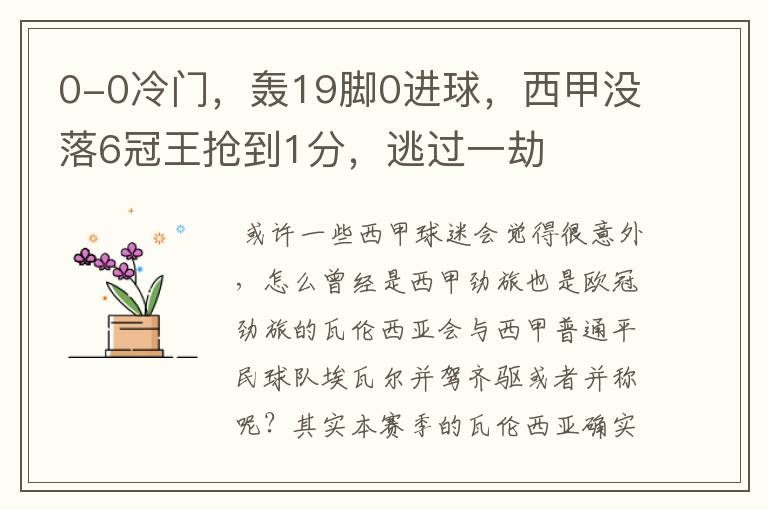 0-0冷门,轰19脚0进球,西甲没落6冠王抢到1分,逃过一劫