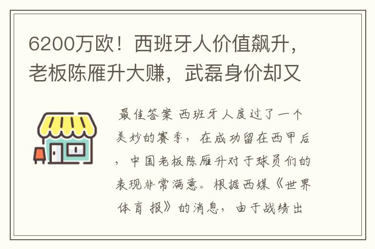 6200万欧!西班牙人价值飙升,老板陈雁升大赚,武磊身价却又缩水