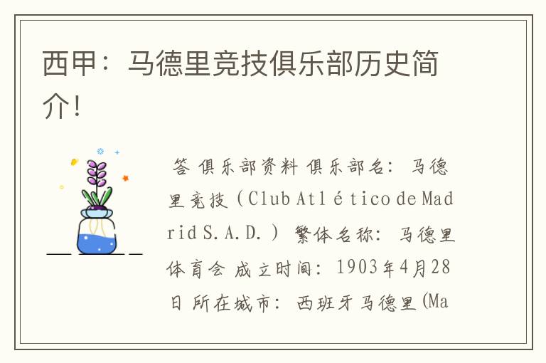 西甲:马德里竞技俱乐部历史简介!