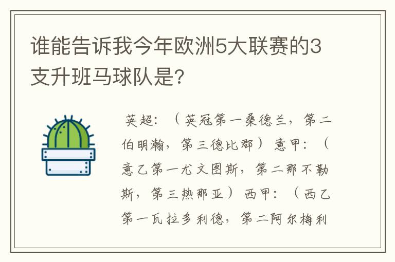 谁能告诉我今年欧洲5大联赛的3支升班马球队是?
