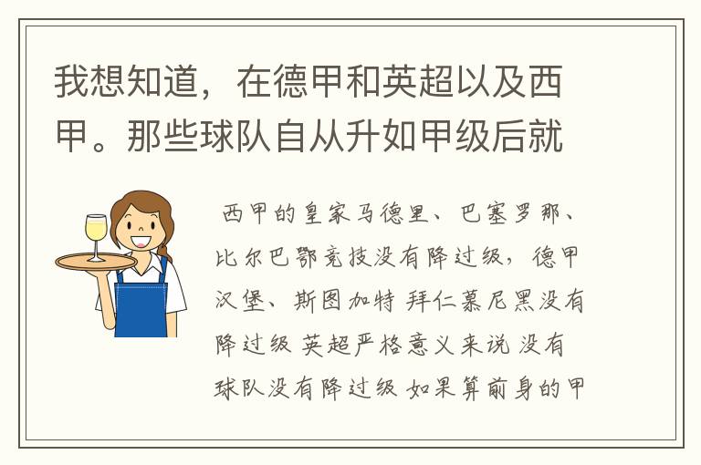 我想知道,在德甲和英超以及西甲。那些球队自从升如甲级后就从没有降过级?