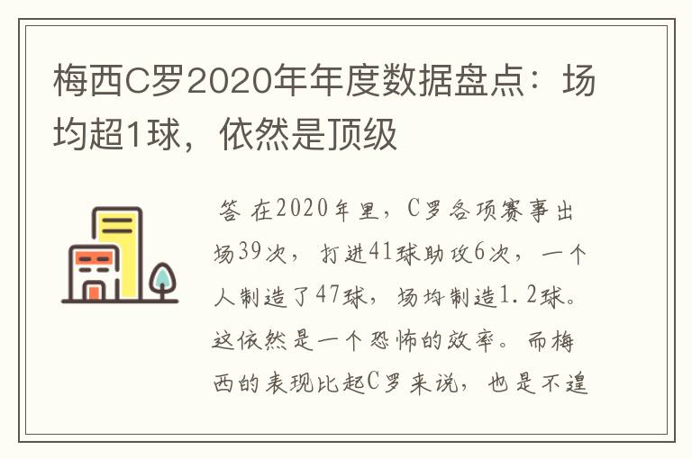 梅西C罗2020年年度数据盘点:场均超1球,依然是顶级