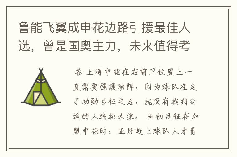 鲁能飞翼成申花边路引援最佳人选,曾是国奥主力,未来值得考虑