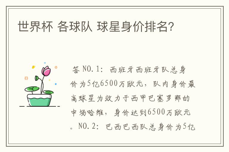 世界杯 各球队 球星身价排名?