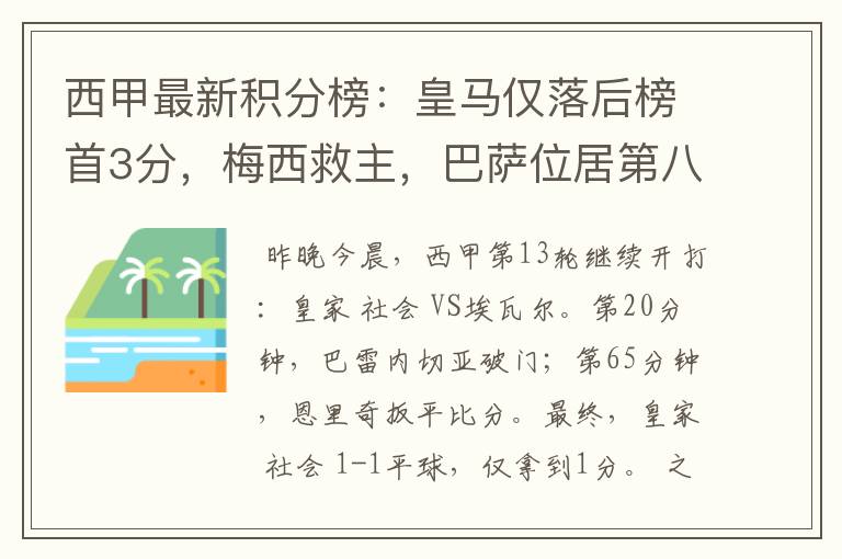 西甲最新积分榜:皇马仅落后榜首3分,梅西救主,巴萨位居第八