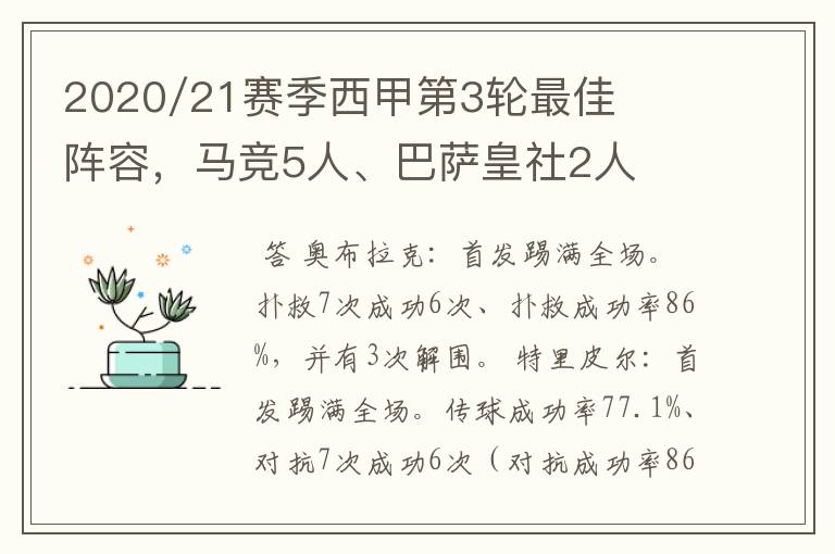 2020/21赛季西甲第3轮最佳阵容,马竞5人、巴萨皇社2人