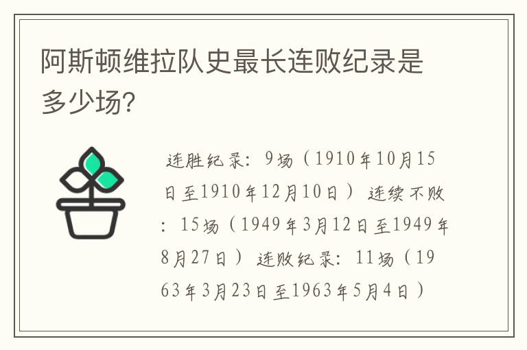 阿斯顿维拉队史最长连败纪录是多少场？