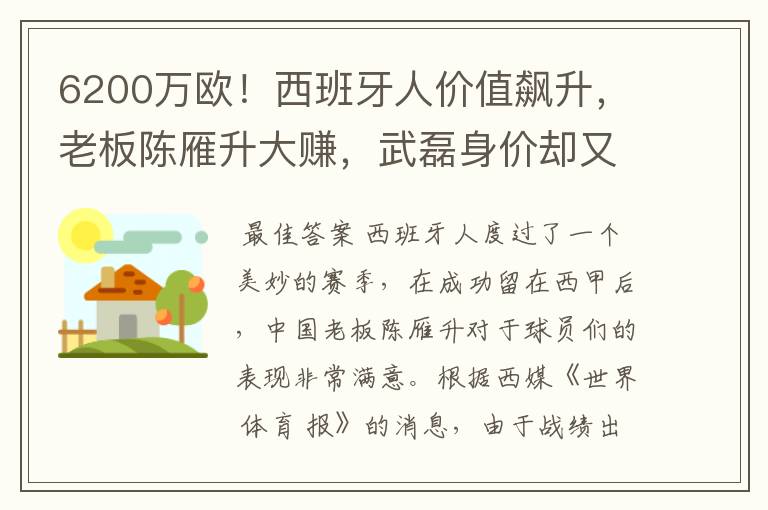 6200万欧!西班牙人价值飙升,老板陈雁升大赚,武磊身价却又缩水