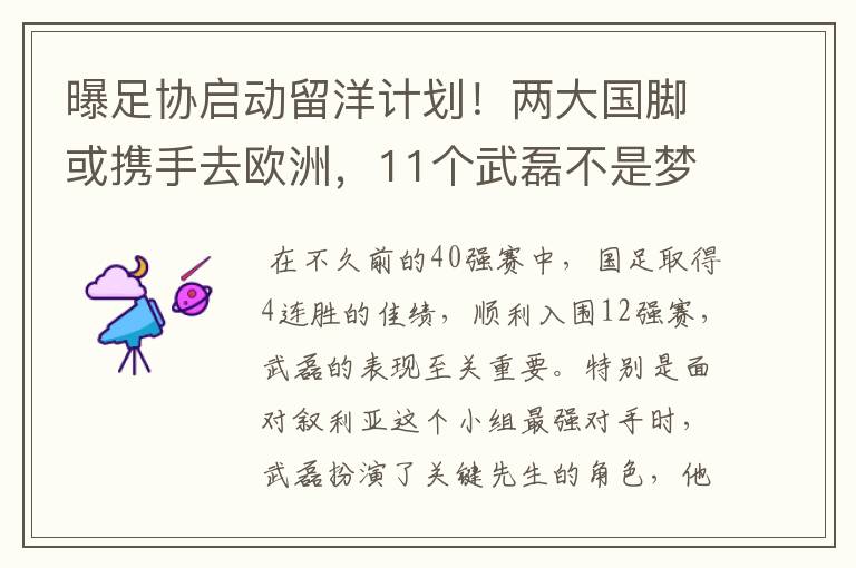 曝足协启动留洋计划!两大国脚或携手去欧洲,11个武磊不是梦
