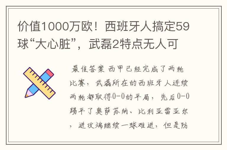 价值1000万欧!西班牙人搞定59球“大心脏”,武磊2特点无人可替