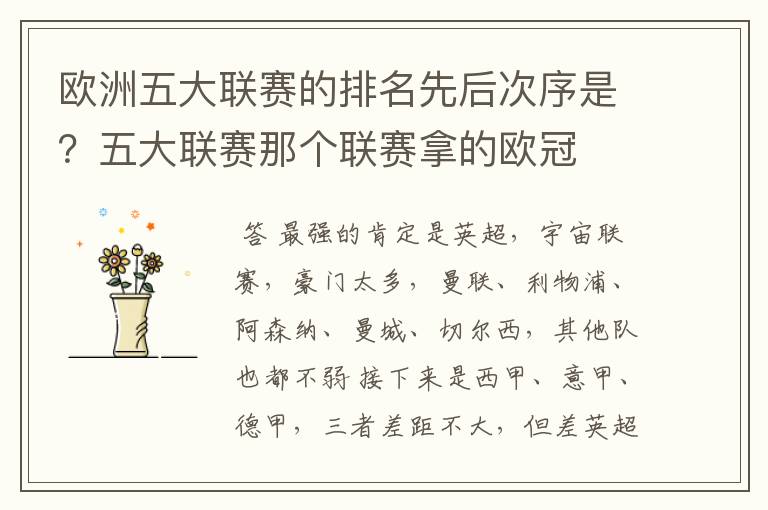 欧洲五大联赛的排名先后次序是?五大联赛那个联赛拿的欧冠