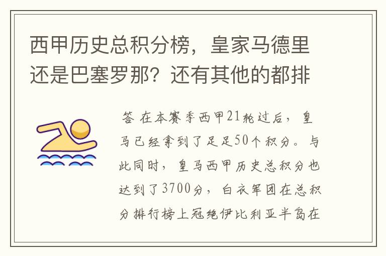 西甲历史总积分榜,皇家马德里还是巴塞罗那?还有其他的都排出来。