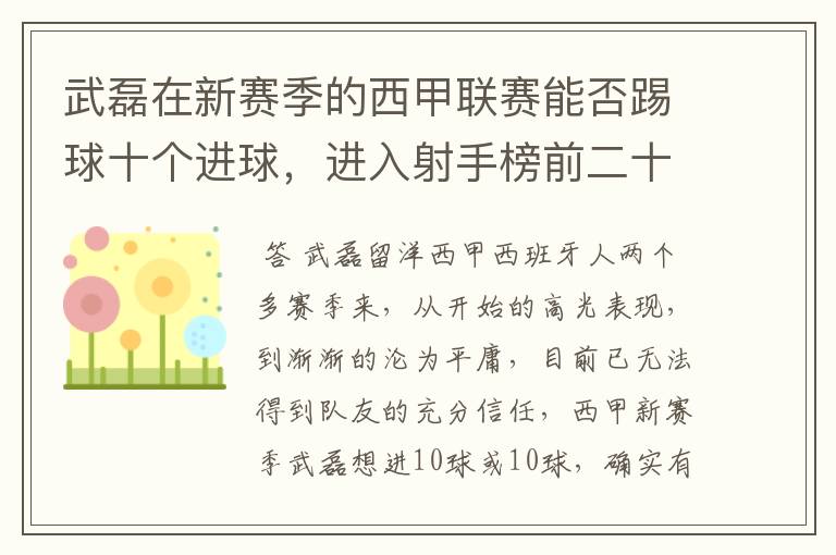 武磊在新赛季的西甲联赛能否踢球十个进球,进入射手榜前二十?