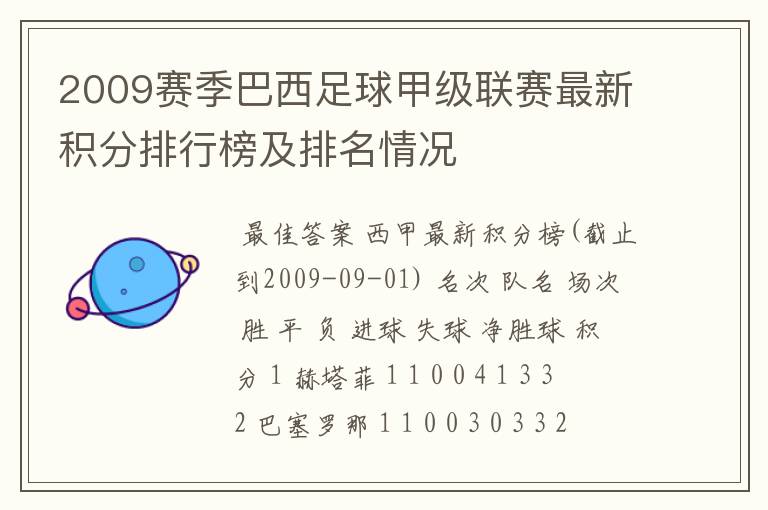 2009赛季巴西足球甲级联赛最新积分排行榜及排名情况
