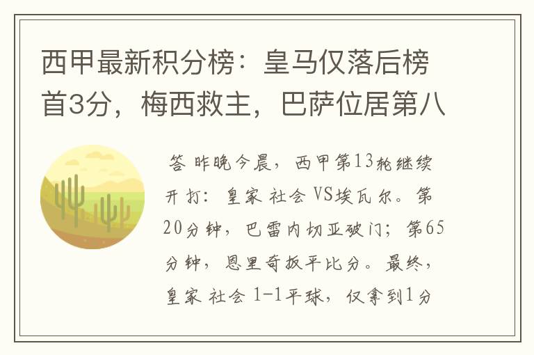 西甲最新积分榜:皇马仅落后榜首3分,梅西救主,巴萨位居第八