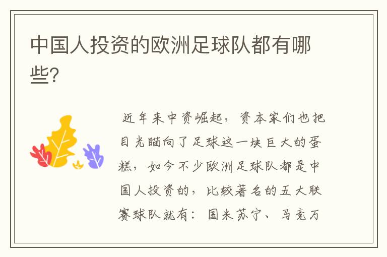 中国人投资的欧洲足球队都有哪些?